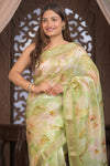 Bengal Gatha ~ Designer Organza Silk Saree with Digital Print in Lemon Yellow and Green - verymuchindian.com