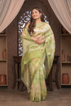 Bengal Gatha ~ Designer Organza Silk Saree with Digital Print in Lemon Yellow and Green - verymuchindian.com