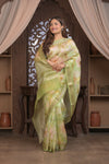 Bengal Gatha ~ Designer Organza Silk Saree with Digital Print in Lemon Yellow and Green - verymuchindian.com