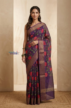 Bengal Gatha ~ Handloom Chanderi Cotton Saree in Dark Purple with Floral Print - verymuchindian.com