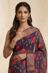 Bengal Gatha ~ Handloom Chanderi Cotton Saree in Dark Purple with Floral Print - verymuchindian.com