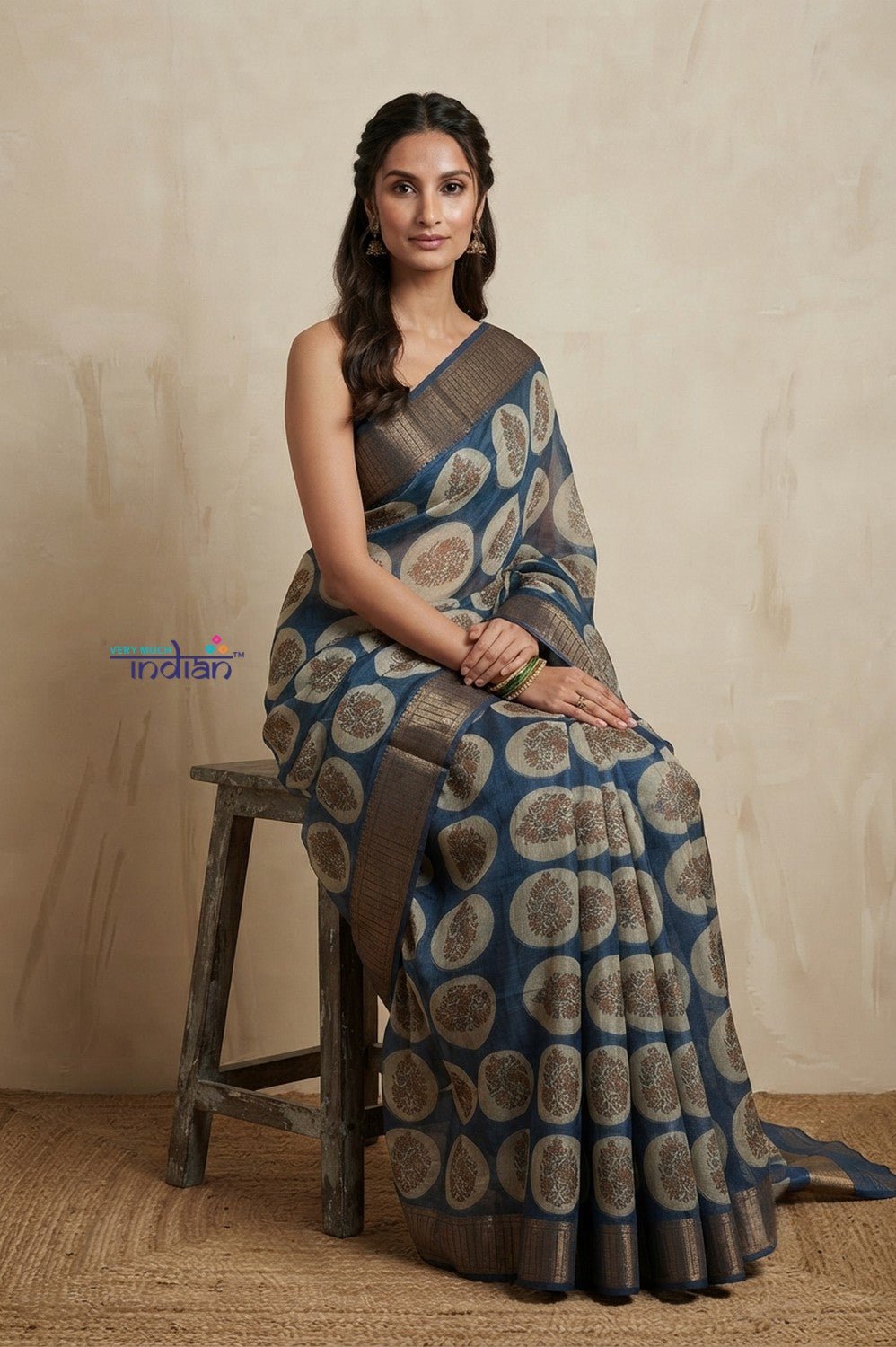 Bengal Gatha ~ Handloom Chanderi Cotton Saree in Marine Blue with Floral Print - verymuchindian.com