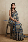 Bengal Gatha ~ Handloom Chanderi Cotton Saree in Marine Blue with Floral Print - verymuchindian.com