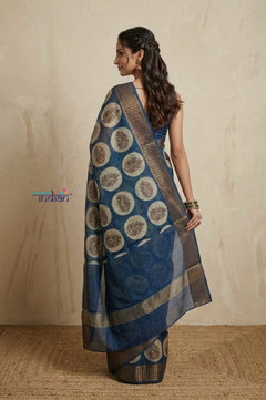 Bengal Gatha ~ Handloom Chanderi Cotton Saree in Marine Blue with Floral Print - verymuchindian.com