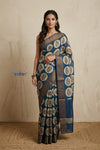 Bengal Gatha ~ Handloom Chanderi Cotton Saree in Marine Blue with Floral Print - verymuchindian.com