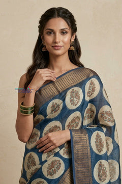 Bengal Gatha ~ Handloom Chanderi Cotton Saree in Marine Blue with Floral Print - verymuchindian.com