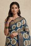 Bengal Gatha ~ Handloom Chanderi Cotton Saree in Marine Blue with Floral Print - verymuchindian.com