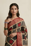 Bengal Gatha ~ Handloom Chanderi Cotton Saree in with Linear Print in Red and Blue - verymuchindian.com