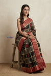 Bengal Gatha ~ Handloom Chanderi Cotton Saree in with Linear Print in Red and Blue - verymuchindian.com