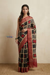 Bengal Gatha ~ Handloom Chanderi Cotton Saree in with Linear Print in Red and Blue - verymuchindian.com