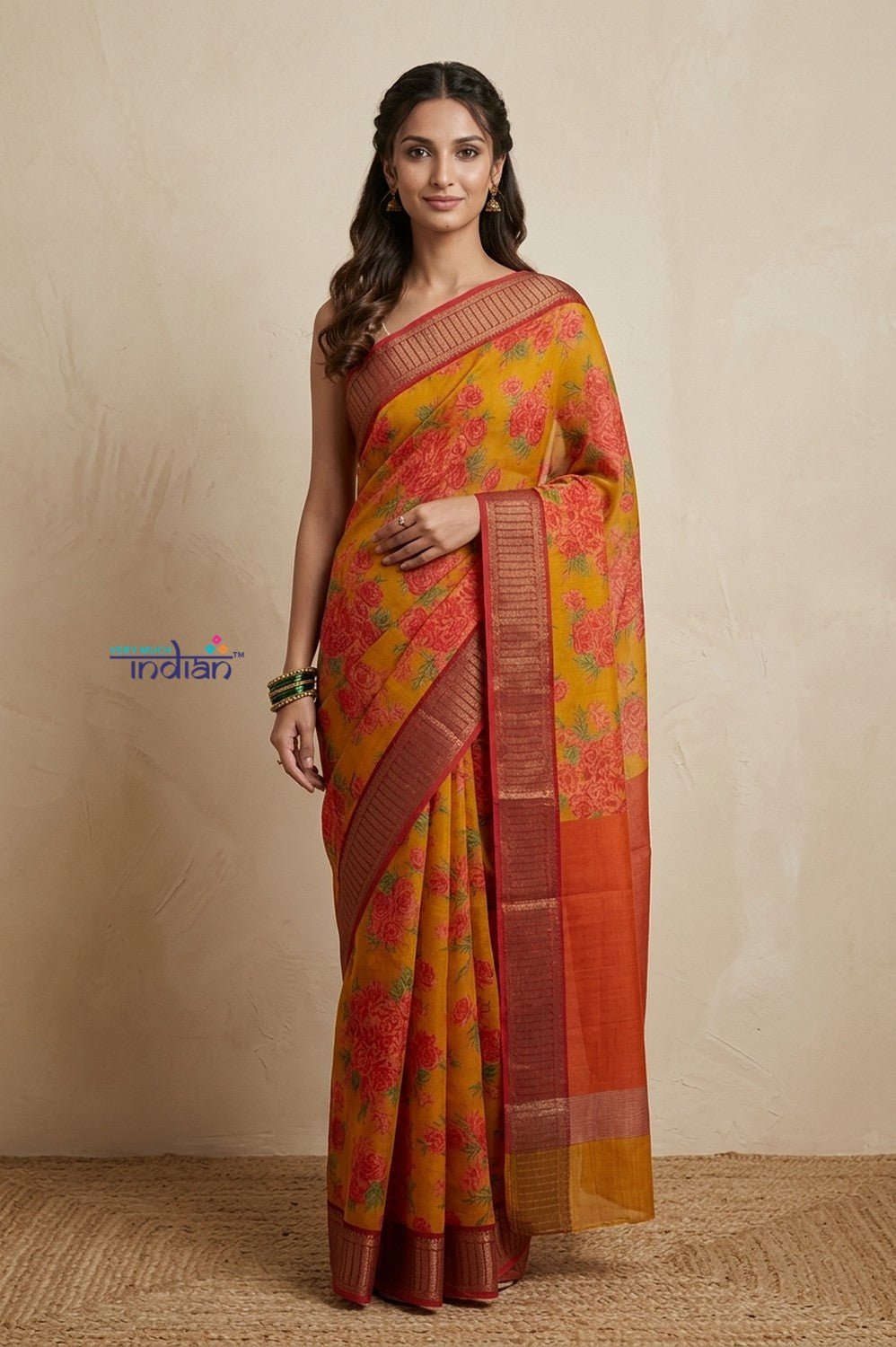 Bengal Gatha ~ Handloom Chanderi Cotton Saree in Yellow with Floral Print - verymuchindian.com