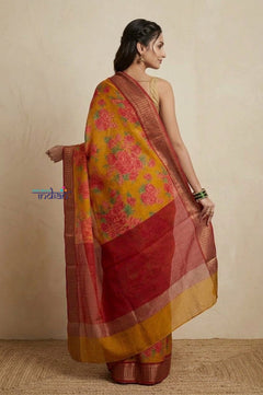 Bengal Gatha ~ Handloom Chanderi Cotton Saree in Yellow with Floral Print - verymuchindian.com