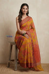Bengal Gatha ~ Handloom Chanderi Cotton Saree in Yellow with Floral Print - verymuchindian.com