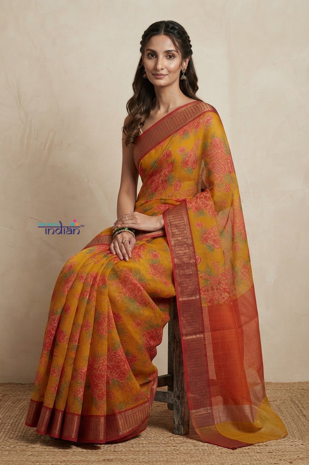 Bengal Gatha ~ Handloom Chanderi Cotton Saree in Yellow with Floral Print - verymuchindian.com