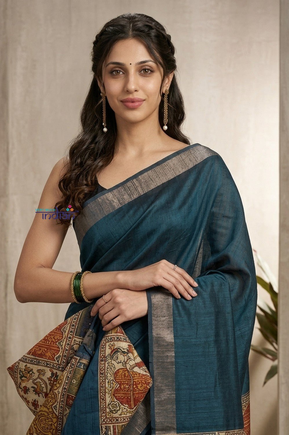 Bengal Gatha ~ Handloom Dupion Silk Saree with Digital Print in Azure Blue - verymuchindian.com