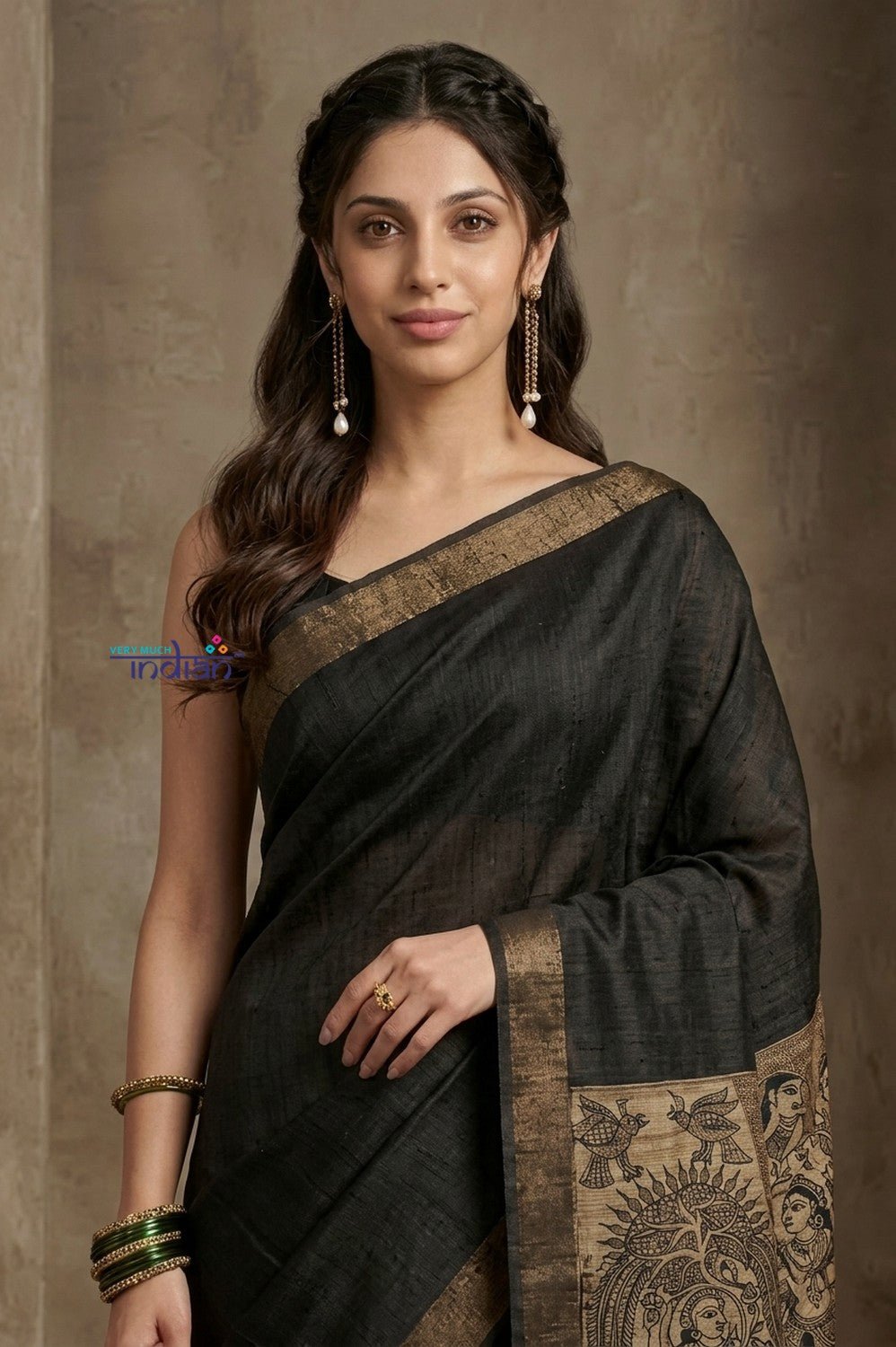 Bengal Gatha ~ Handloom Dupion Silk Saree with Digital Print in Black - verymuchindian.com