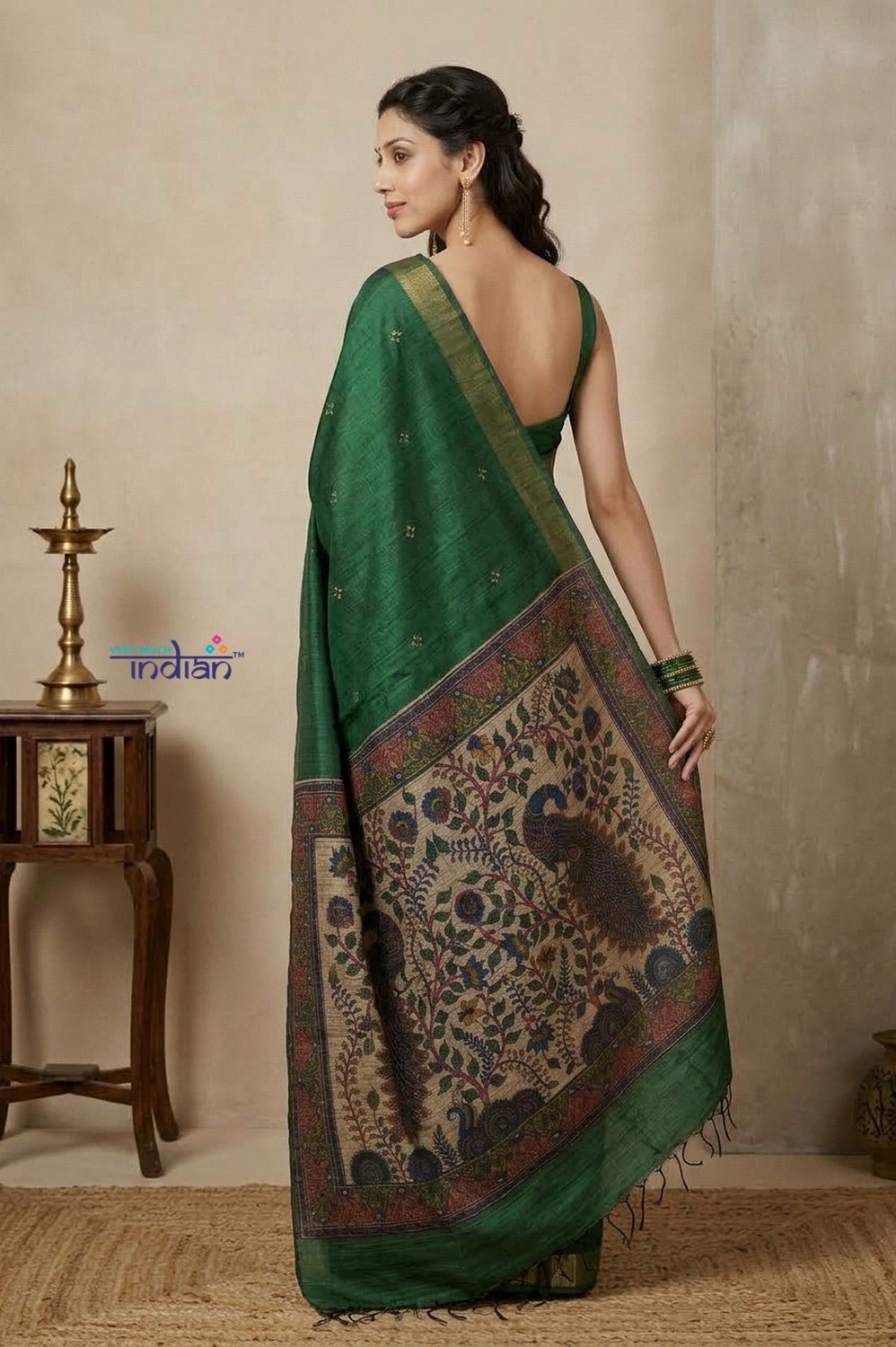Bengal Gatha ~ Handloom Dupion Silk Saree with Digital Print in Green - verymuchindian.com