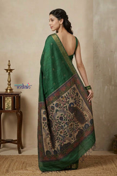 Bengal Gatha ~ Handloom Dupion Silk Saree with Digital Print in Green - verymuchindian.com