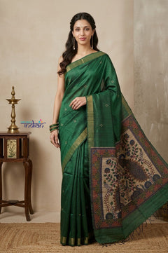 Bengal Gatha ~ Handloom Dupion Silk Saree with Digital Print in Green - verymuchindian.com