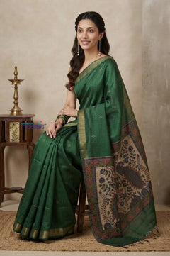Bengal Gatha ~ Handloom Dupion Silk Saree with Digital Print in Green - verymuchindian.com