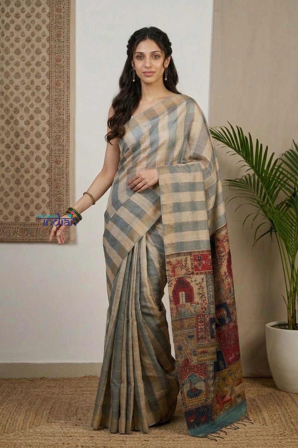 Bengal Gatha ~ Handloom Dupion Silk Saree with Digital Print in Stripes of White - verymuchindian.com