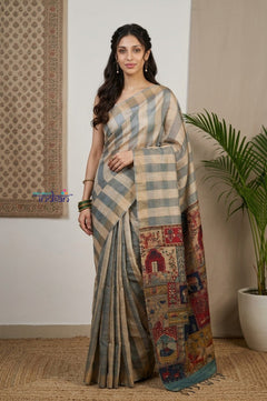 Bengal Gatha ~ Handloom Dupion Silk Saree with Digital Print in Stripes of White - verymuchindian.com