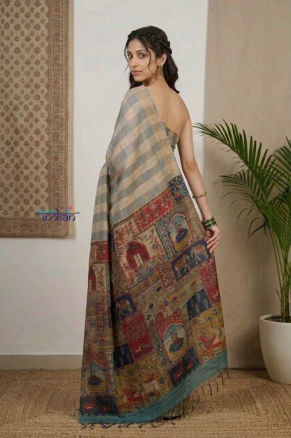 Bengal Gatha ~ Handloom Dupion Silk Saree with Digital Print in Stripes of White - verymuchindian.com