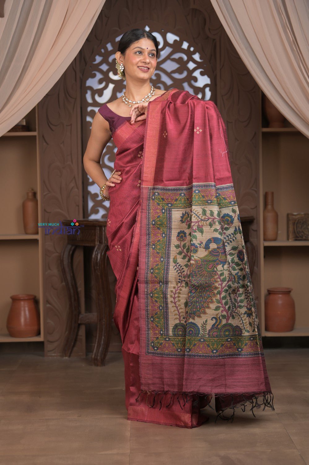Bengal Gatha ~ Handloom Dupion Silk Saree with Madhubani Digital Print in Mauve Pink - verymuchindian.com