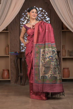 Bengal Gatha ~ Handloom Dupion Silk Saree with Madhubani Digital Print in Mauve Pink - verymuchindian.com