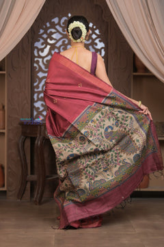 Bengal Gatha ~ Handloom Dupion Silk Saree with Madhubani Digital Print in Mauve Pink - verymuchindian.com