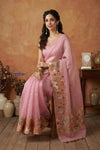 Bengal Gatha ~ Handloom Kora Silk Saree with Hand Embroidery in Blush Pink - verymuchindian.com