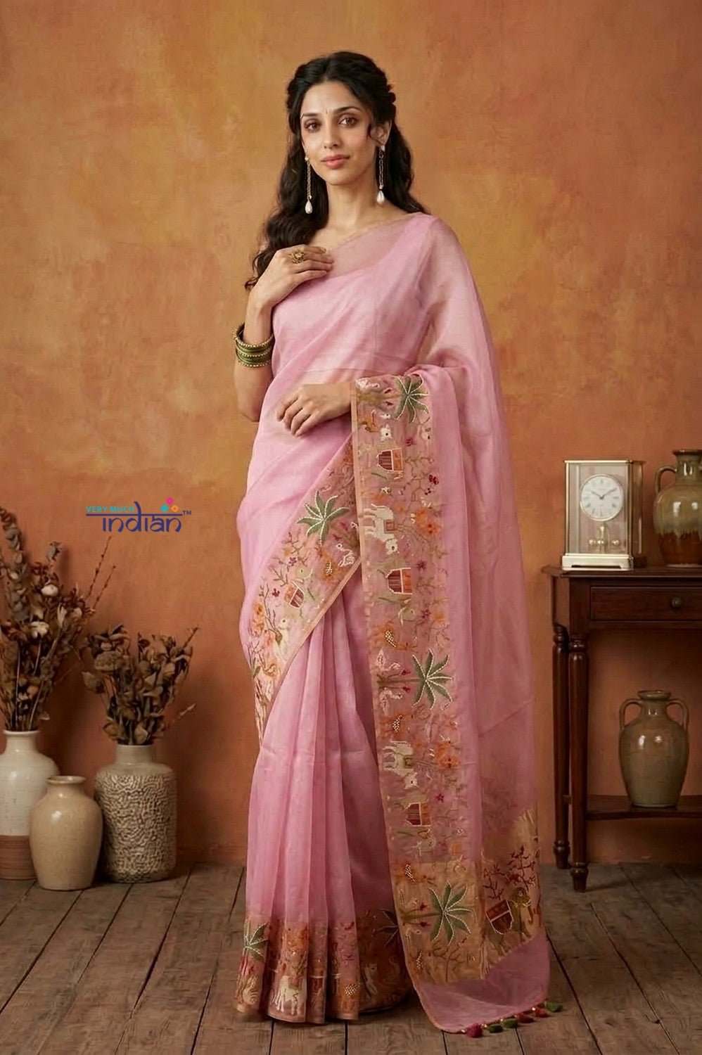 Bengal Gatha ~ Handloom Kora Silk Saree with Hand Embroidery in Blush Pink - verymuchindian.com