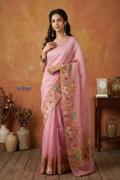 Bengal Gatha ~ Handloom Kora Silk Saree with Hand Embroidery in Blush Pink - verymuchindian.com