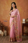 Bengal Gatha ~ Handloom Kora Silk Saree with Hand Embroidery in Blush Pink - verymuchindian.com