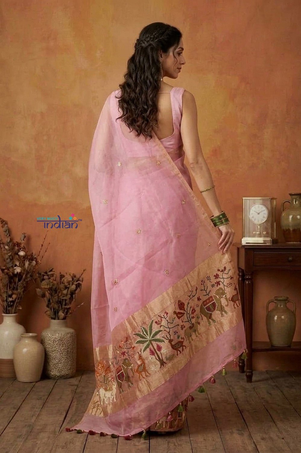 Bengal Gatha ~ Handloom Kora Silk Saree with Hand Embroidery in Blush Pink - verymuchindian.com