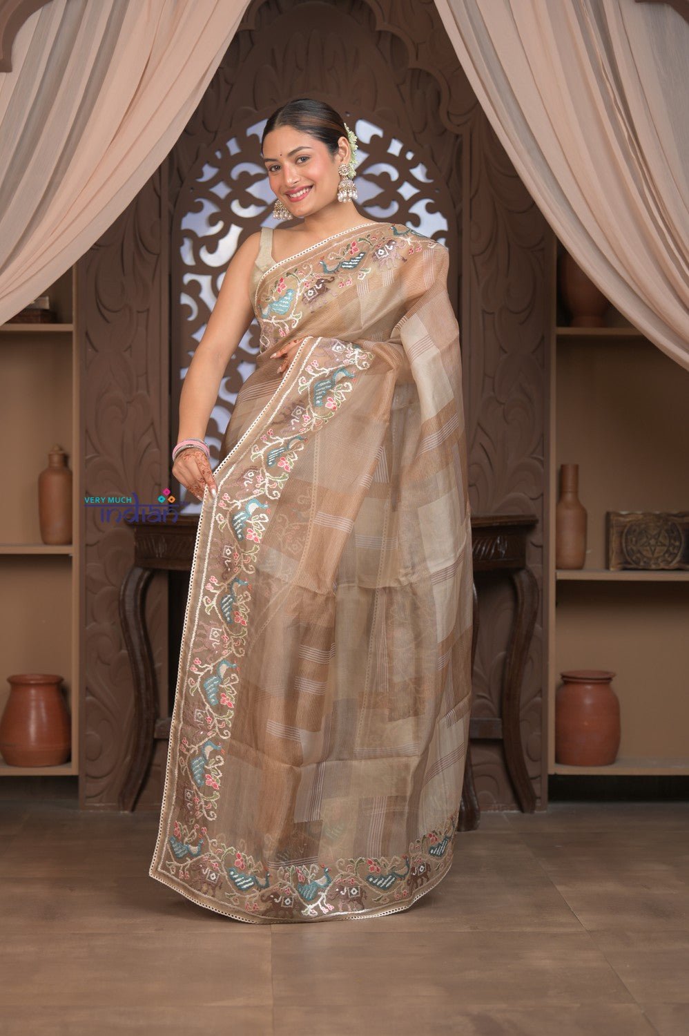 Bengal Gatha ~ Handloom Kora Silk Saree with Hand Embroidery in Off White - verymuchindian.com
