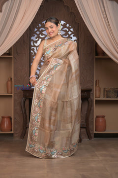 Bengal Gatha ~ Handloom Kora Silk Saree with Hand Embroidery in Off White - verymuchindian.com