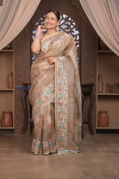 Bengal Gatha ~ Handloom Kora Silk Saree with Hand Embroidery in Off White - verymuchindian.com