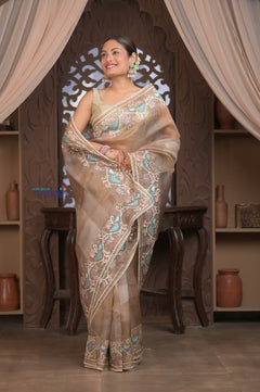 Bengal Gatha ~ Handloom Kora Silk Saree with Hand Embroidery in Off White - verymuchindian.com