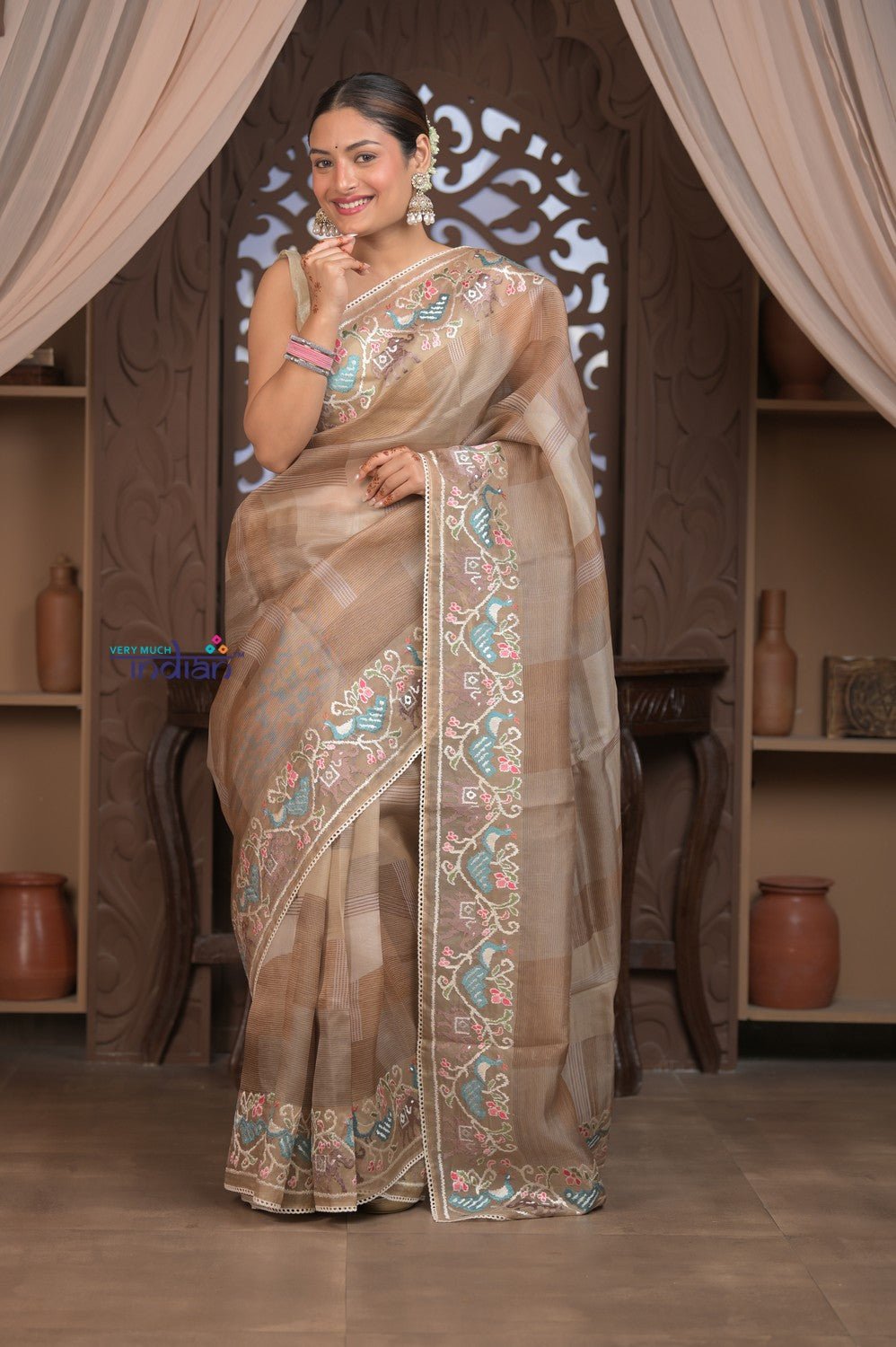 Bengal Gatha ~ Handloom Kora Silk Saree with Hand Embroidery in Off White - verymuchindian.com