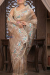 Bengal Gatha ~ Handloom Kora Silk Saree with Hand Embroidery in Off White - verymuchindian.com