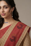 Bengal Gatha ~ Handloom Linen Saree in Beige and Red - verymuchindian.com