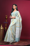 Bengal Gatha ~ Handloom Linen Saree in White and Blue - verymuchindian.com