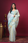 Bengal Gatha ~ Handloom Linen Saree in White and Blue - verymuchindian.com