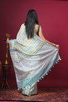 Bengal Gatha ~ Handloom Linen Saree in White and Blue - verymuchindian.com