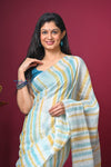 Bengal Gatha ~ Handloom Linen Saree in White and Blue - verymuchindian.com