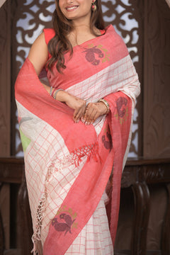 Bengal Gatha ~ Handloom Linen Saree in White and Rose Pink - verymuchindian.com