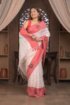 Bengal Gatha ~ Handloom Linen Saree in White and Rose Pink - verymuchindian.com