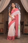 Bengal Gatha ~ Handloom Linen Saree in White and Rose Pink - verymuchindian.com