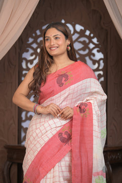 Bengal Gatha ~ Handloom Linen Saree in White and Rose Pink - verymuchindian.com